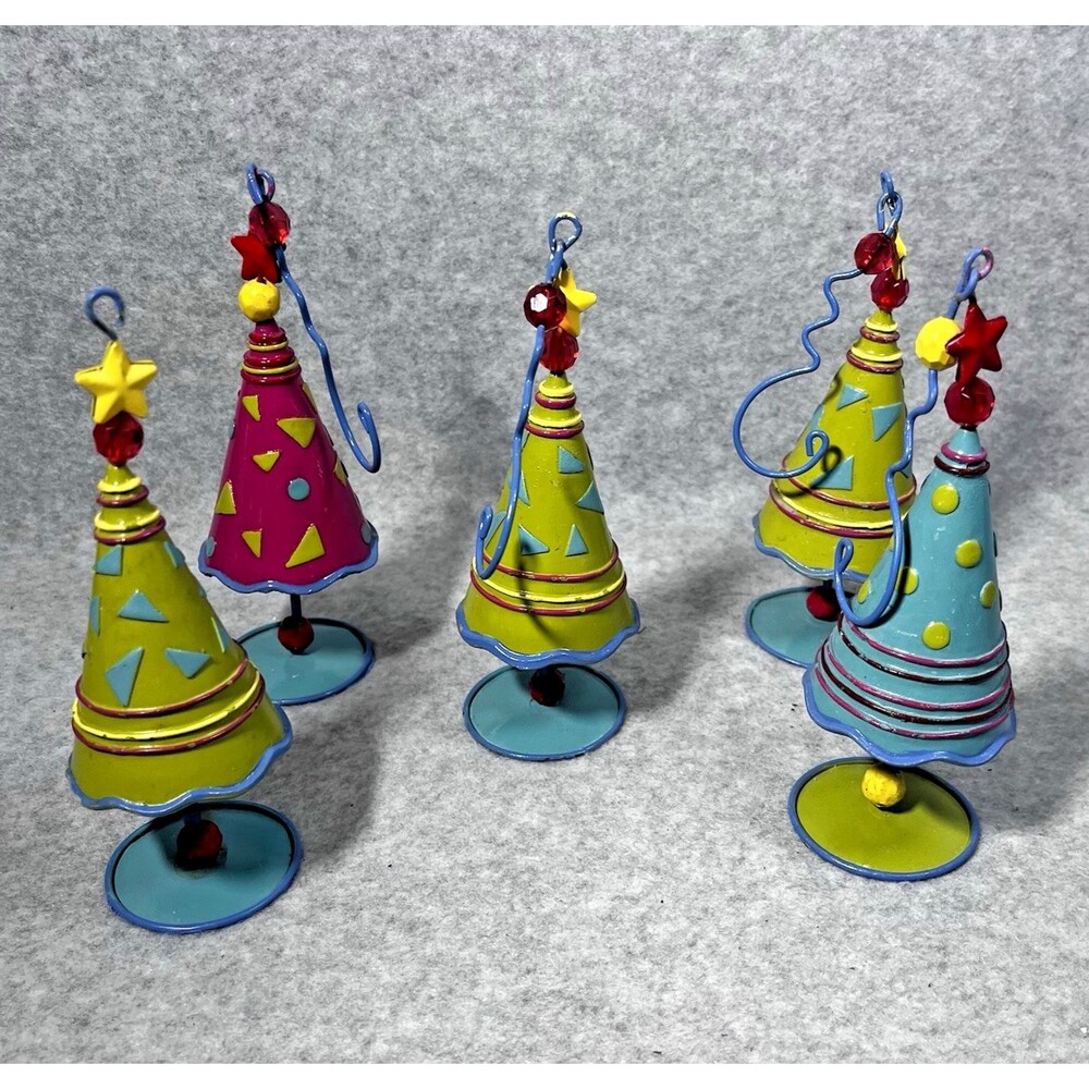 Lot Tin‎ Christmas Tree Ornaments Funky Multicolor Metal Holiday Lime Green READ